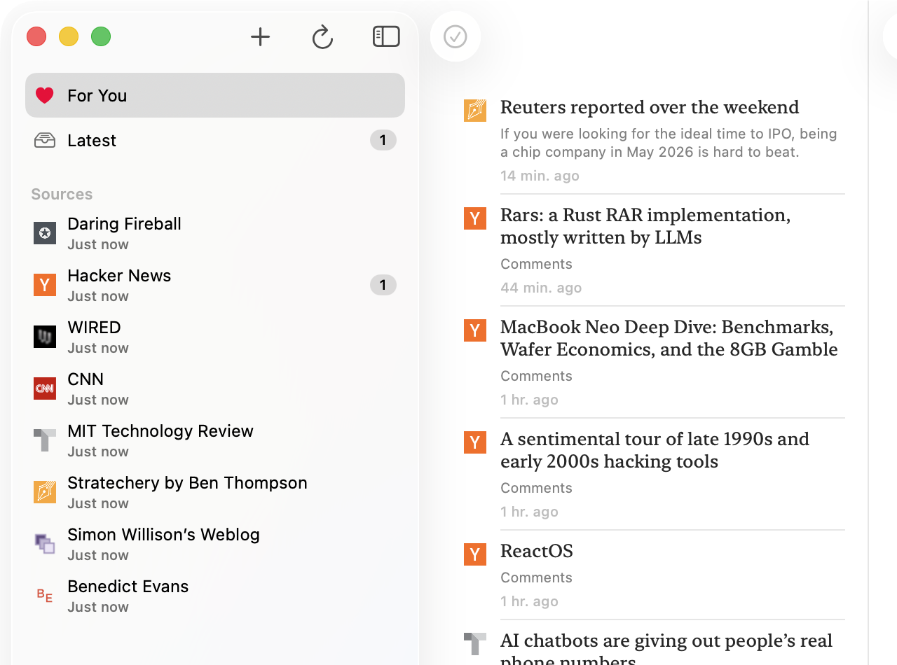 PageForth sidebar with For You at the top marked by a red heart, and a curated article list across all sources
