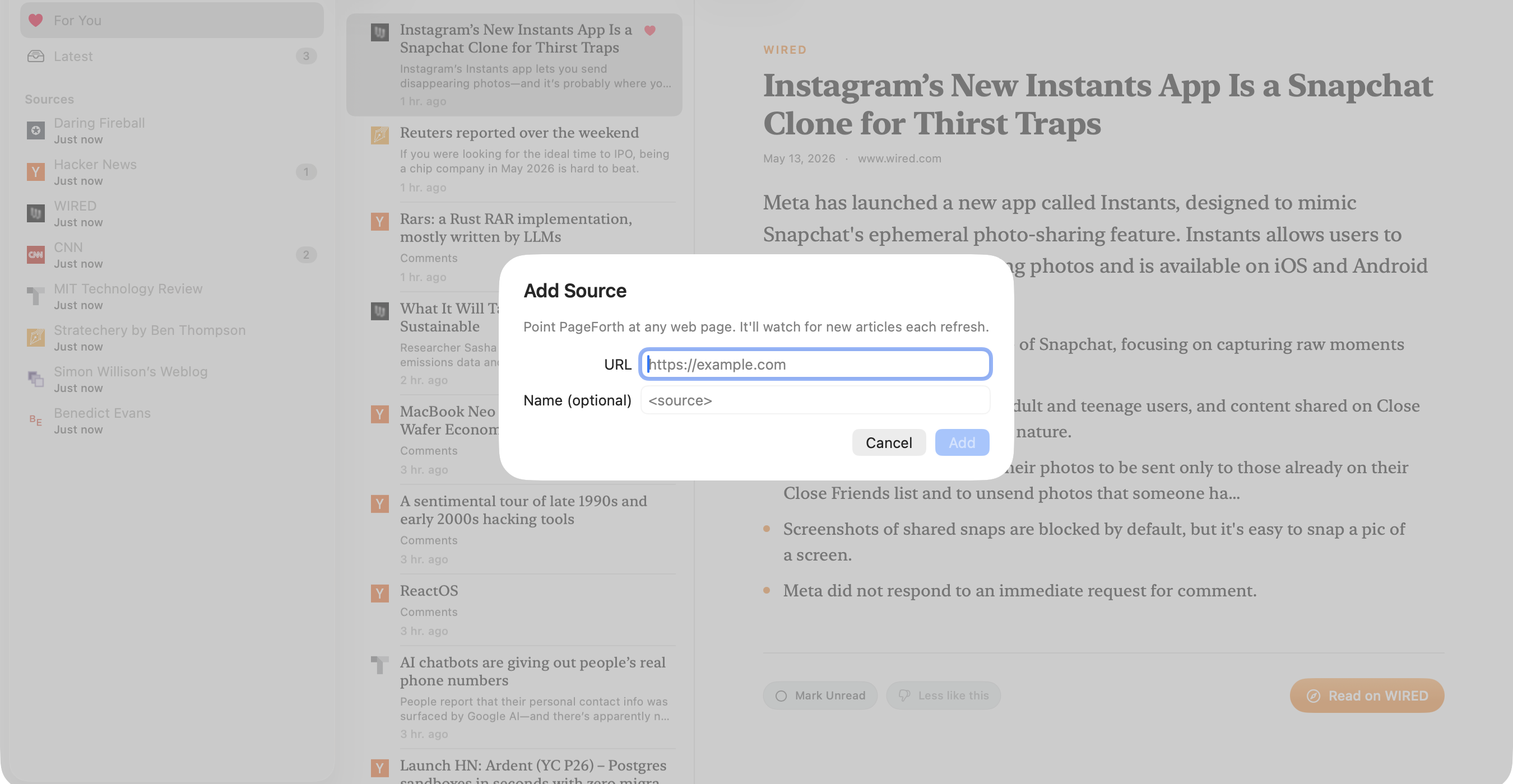 The Add Source dialog in PageForth - a URL input and a confirm button, layered over a darkened reader pane