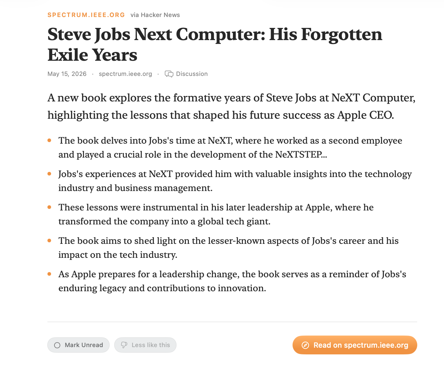 The PageForth reader showing an AI-generated lead paragraph and bullet-point summary of an article