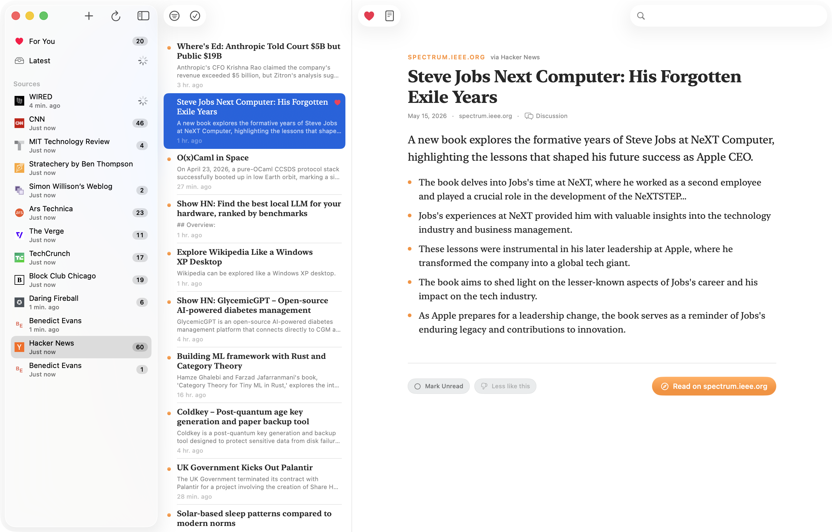 PageForth showing a list of sources on the left, an article list in the middle, and an AI-summarized article on the right